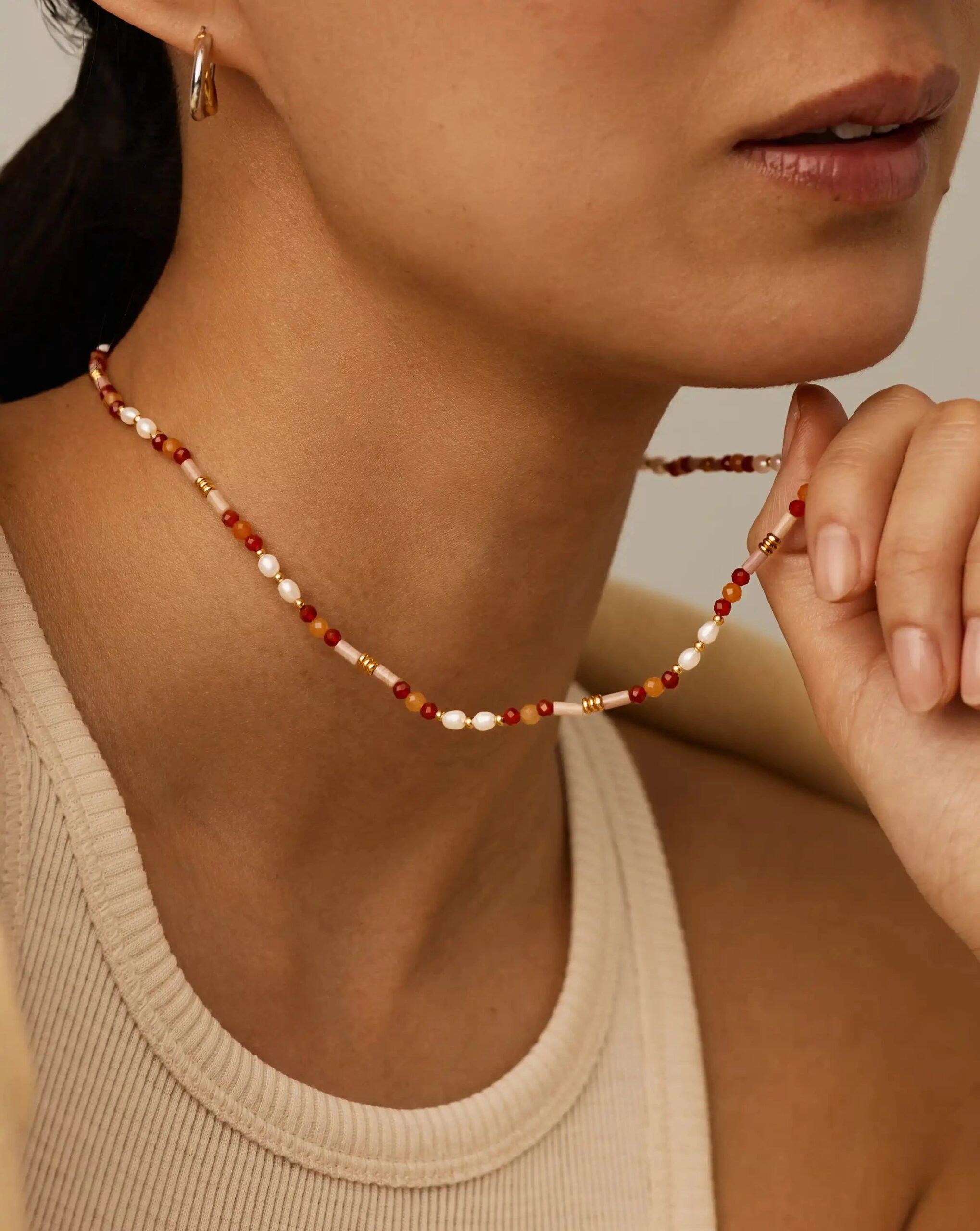 Beaded Gemstone & Pearl Short Necklace | 18ct Gold Plated/Paloma Pink - Image 3